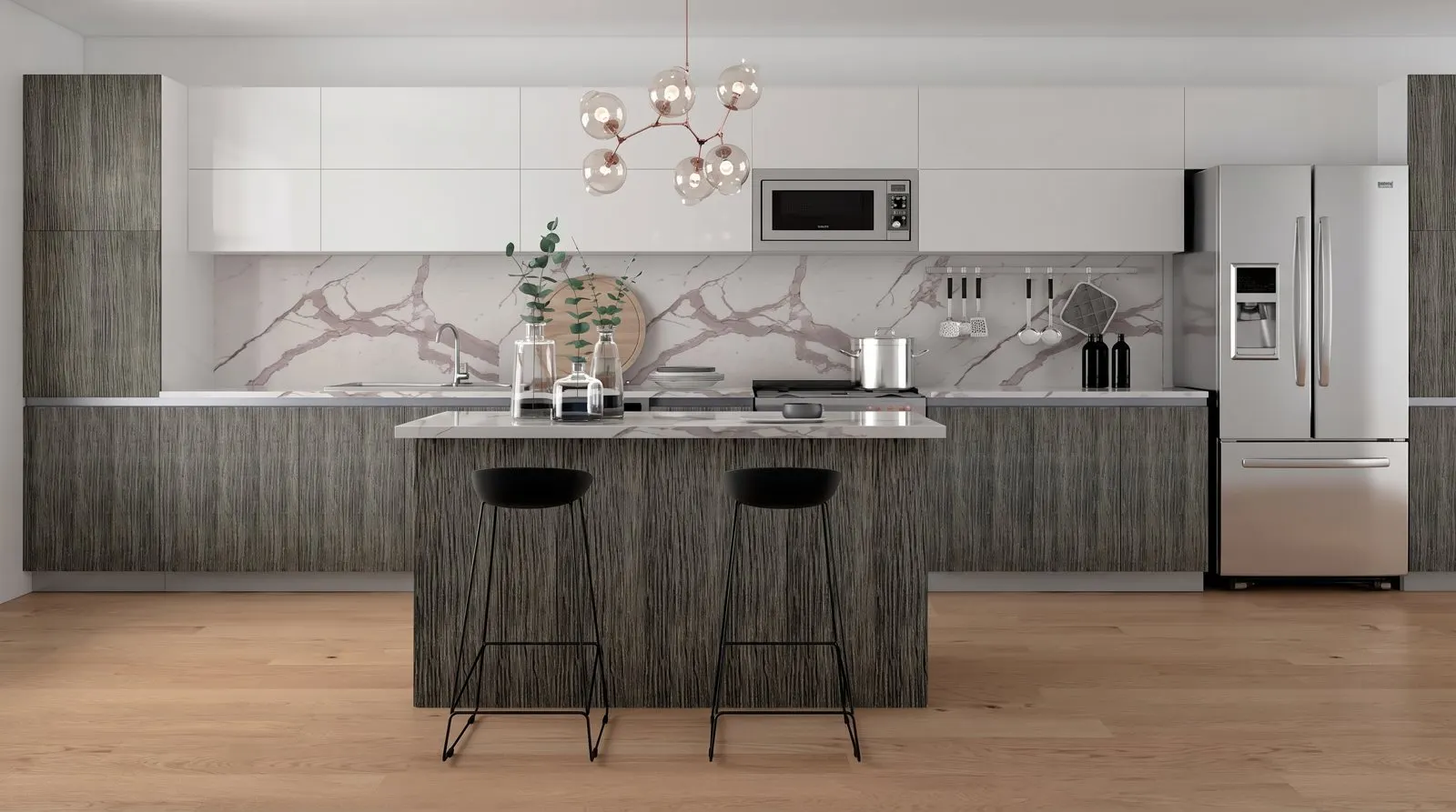 Kitchen with marble island and dark cabinetry