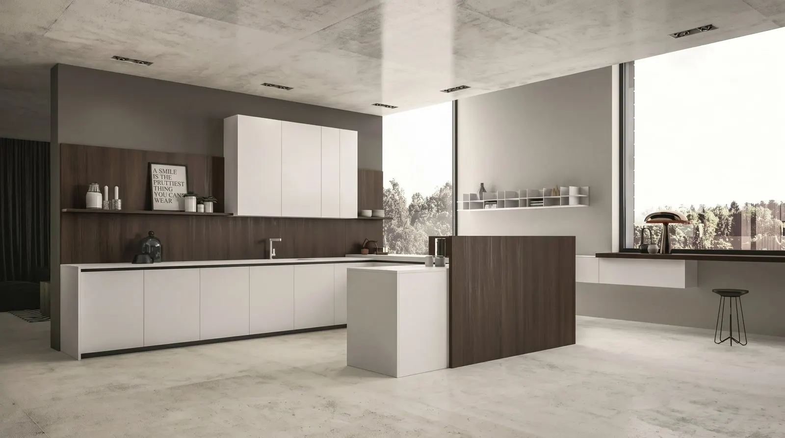 Walnut and white kitchen with long island