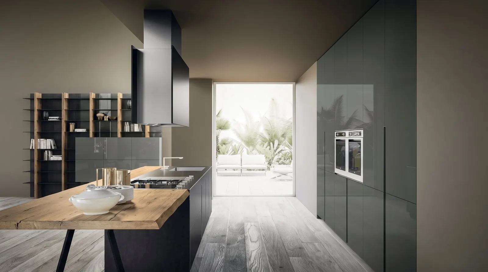 Grey lacquer kitchen with timber worktop